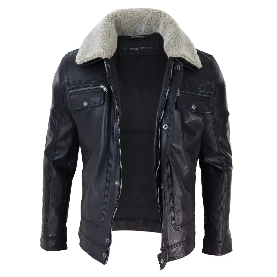 Men's Black brown Leather Jacket Sheepskin Collar Short Zip Button