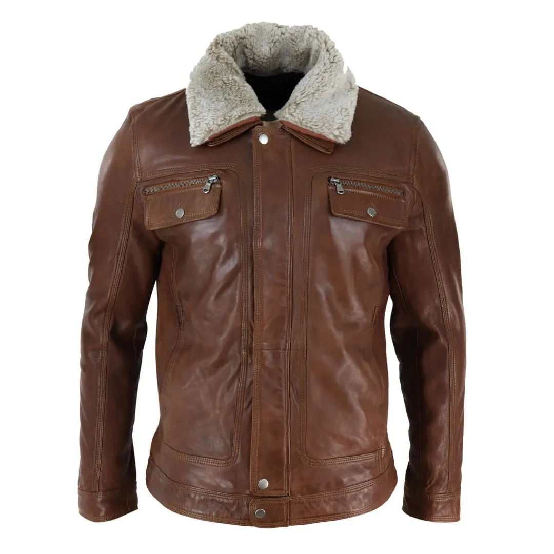 Men's Black brown Leather Jacket Sheepskin Collar Short Zip Button