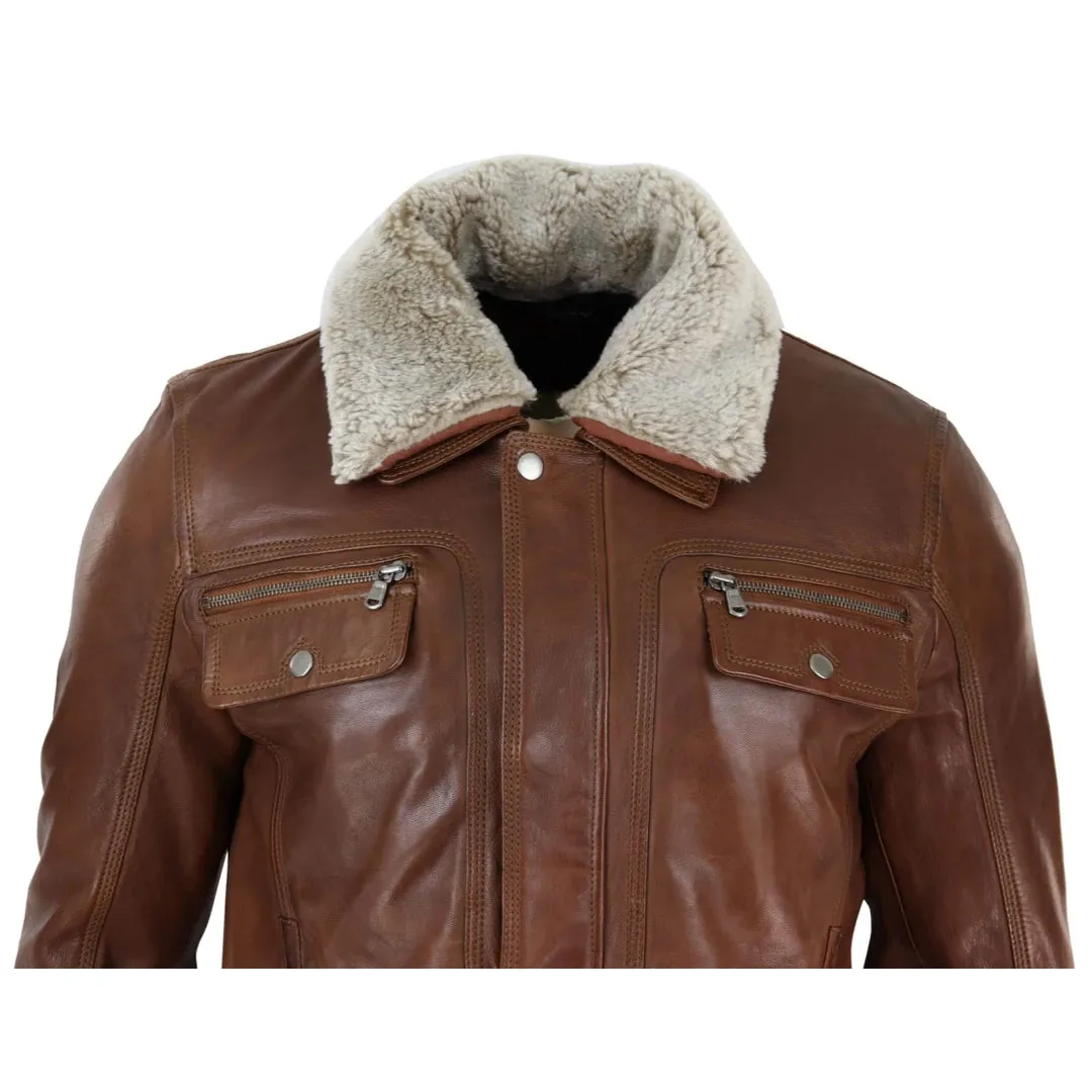 Men's Black brown Leather Jacket Sheepskin Collar Short Zip Button