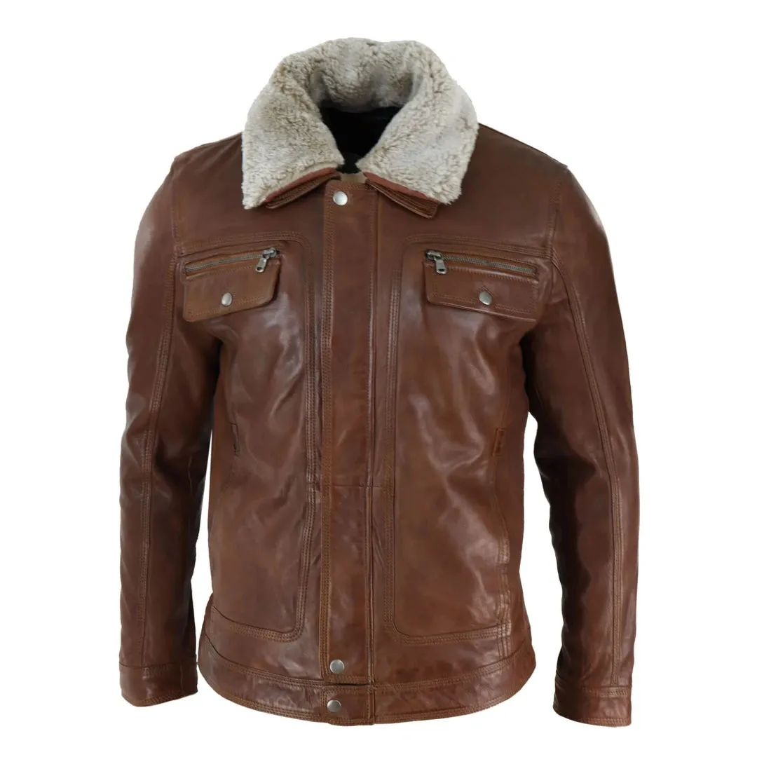 Men's Black brown Leather Jacket Sheepskin Collar Short Zip Button