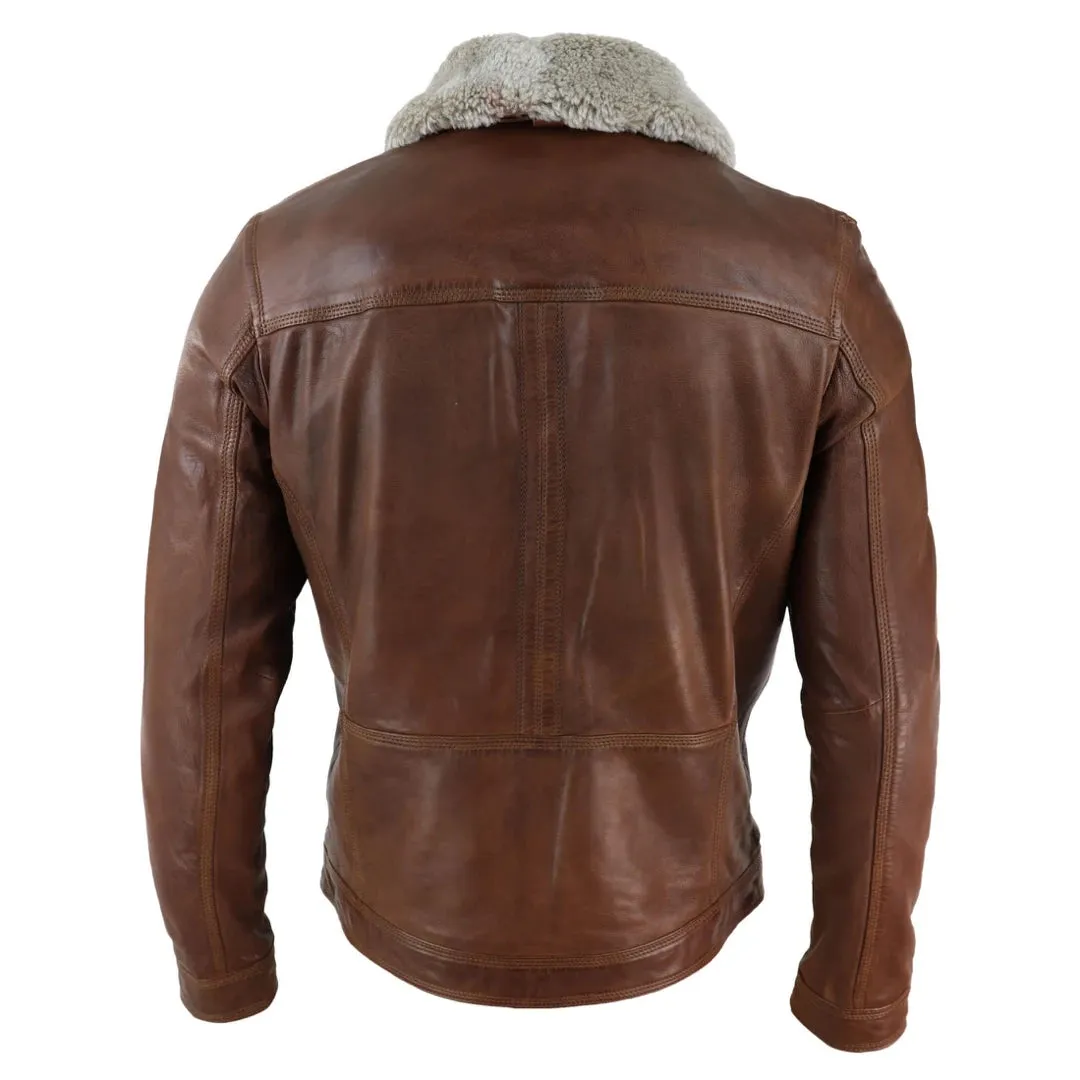 Men's Black brown Leather Jacket Sheepskin Collar Short Zip Button