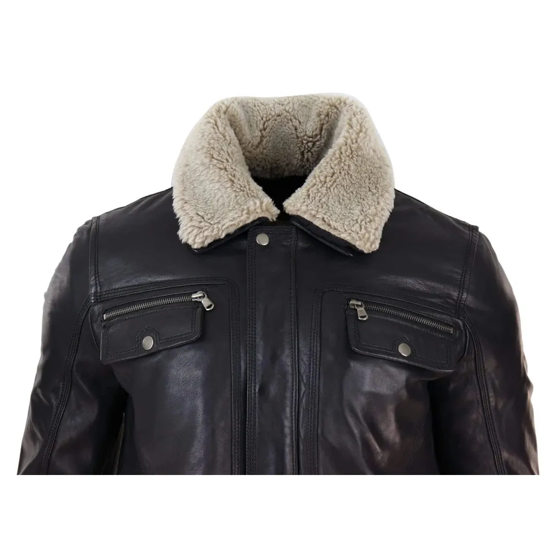 Men's Black brown Leather Jacket Sheepskin Collar Short Zip Button