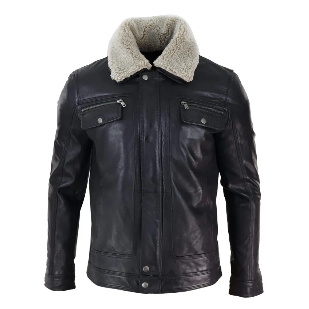 Men's Black brown Leather Jacket Sheepskin Collar Short Zip Button