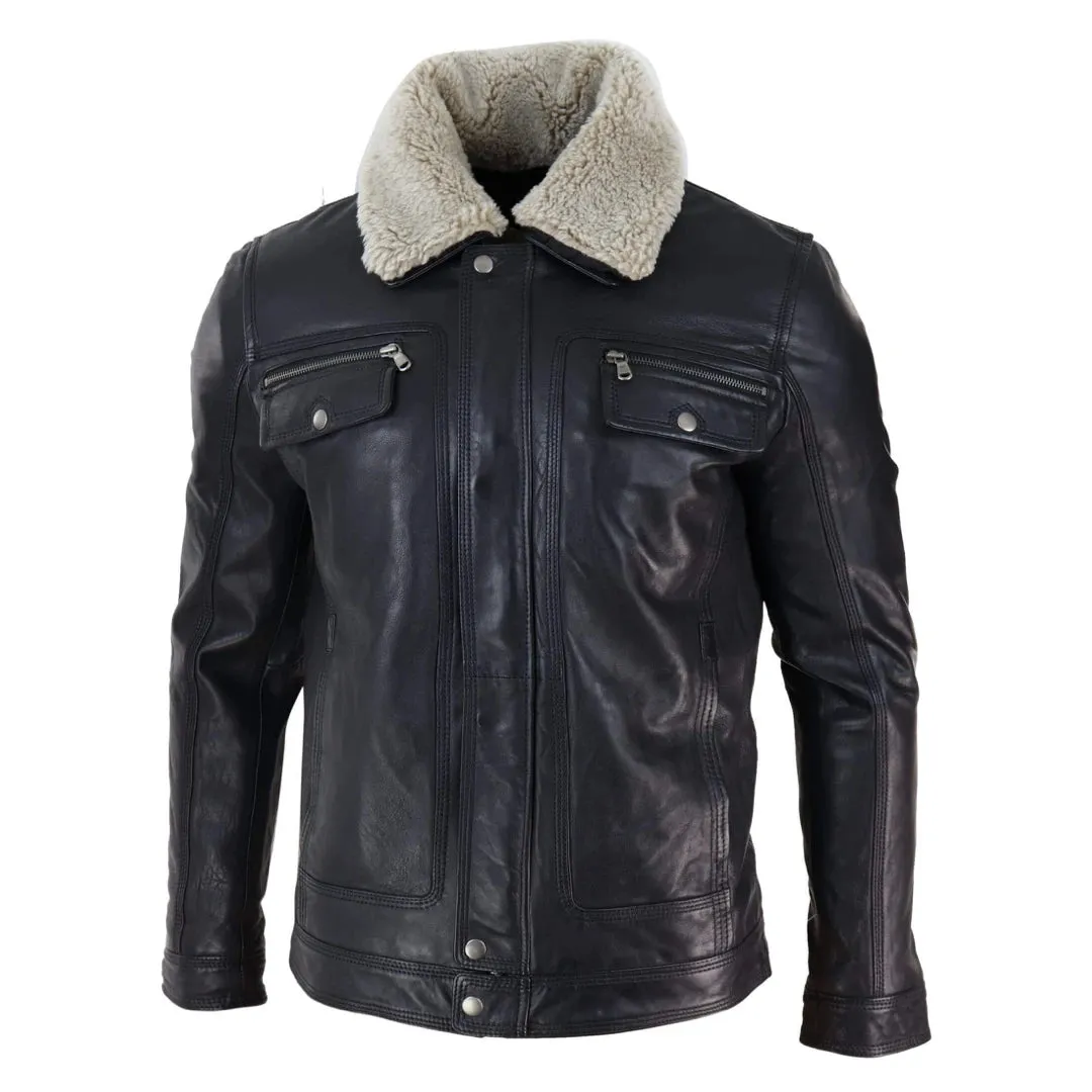 Men's Black brown Leather Jacket Sheepskin Collar Short Zip Button