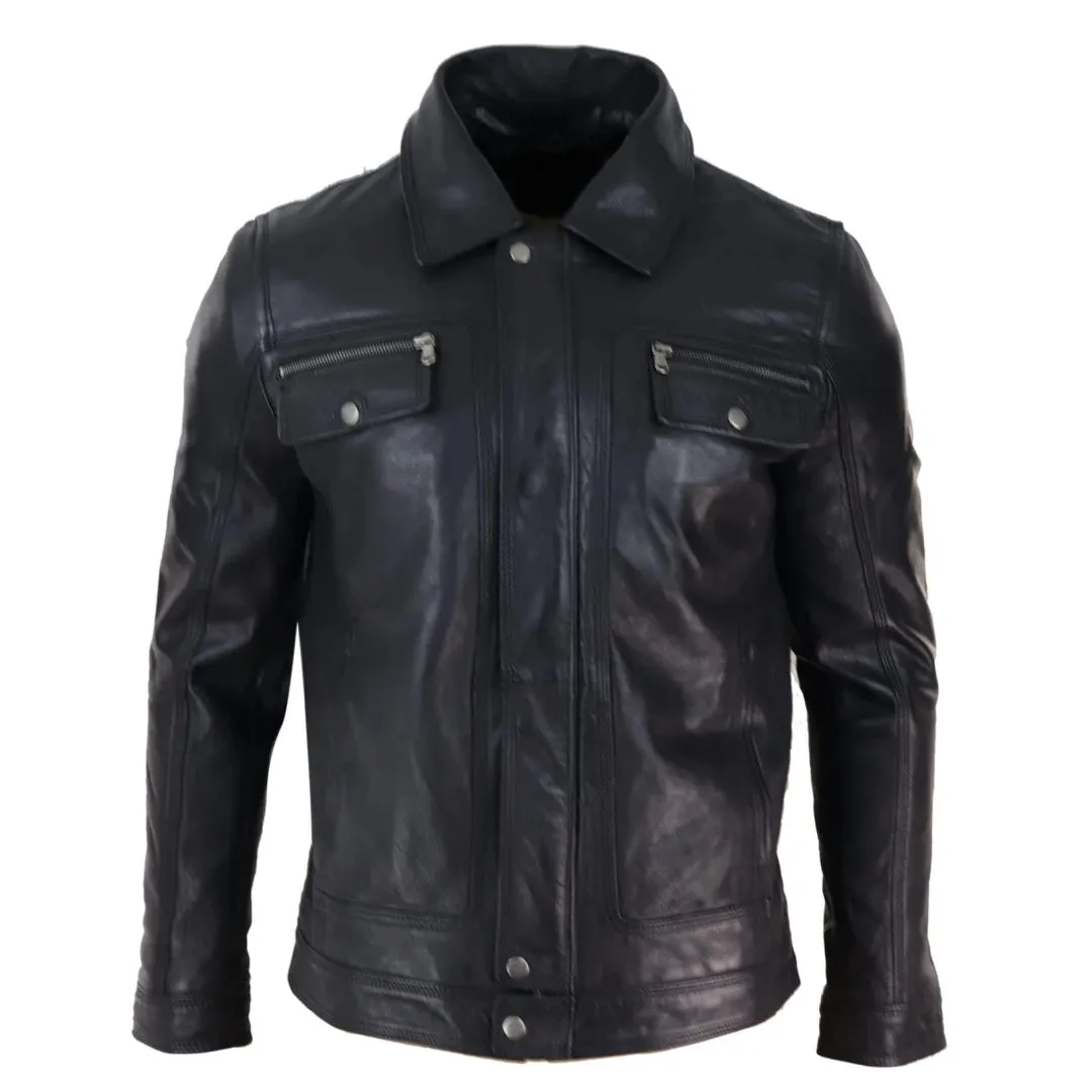 Men's Black brown Leather Jacket Sheepskin Collar Short Zip Button