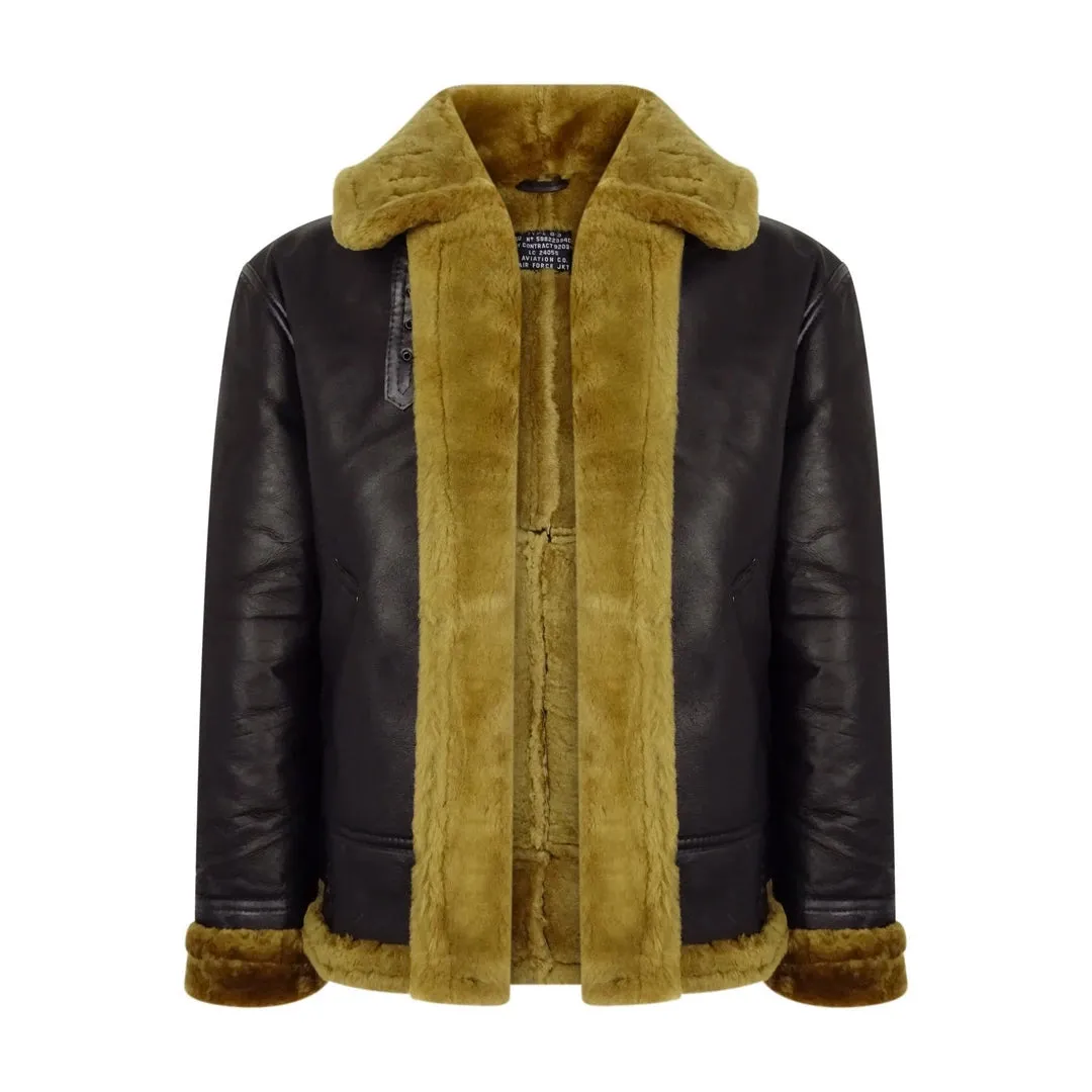 Men's Brown Sheepskin Zip Flying Jacket Pilot Flight Ginger Cream