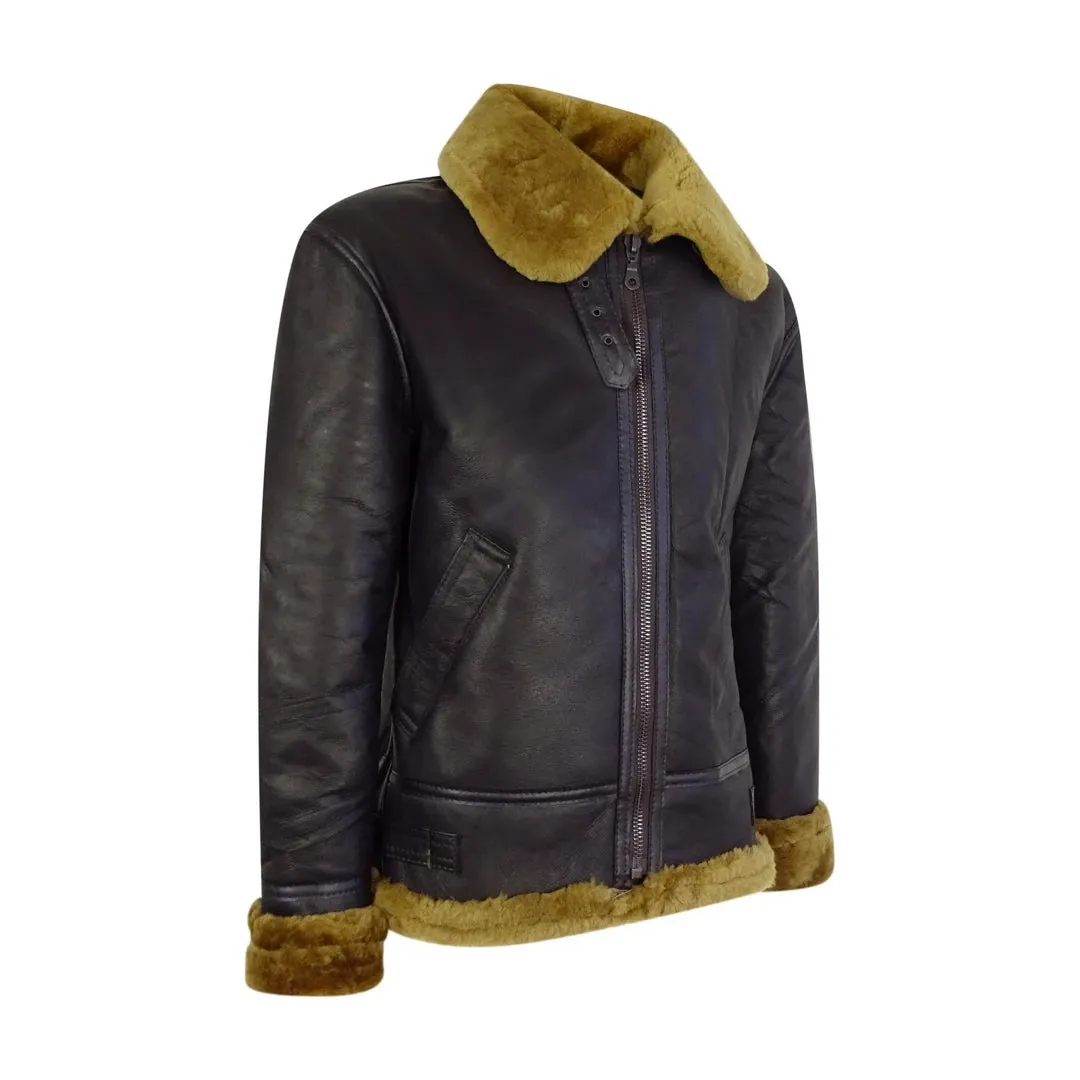 Men's Brown Sheepskin Zip Flying Jacket Pilot Flight Ginger Cream