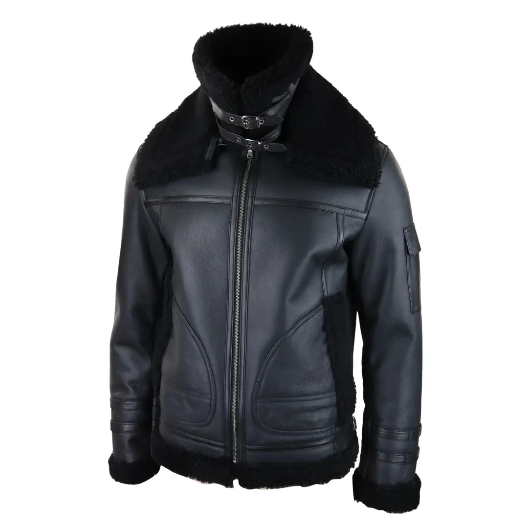 Mens Shearling Sheepskin Coat Zipped Flying Jacket Black Winter Warm Fur