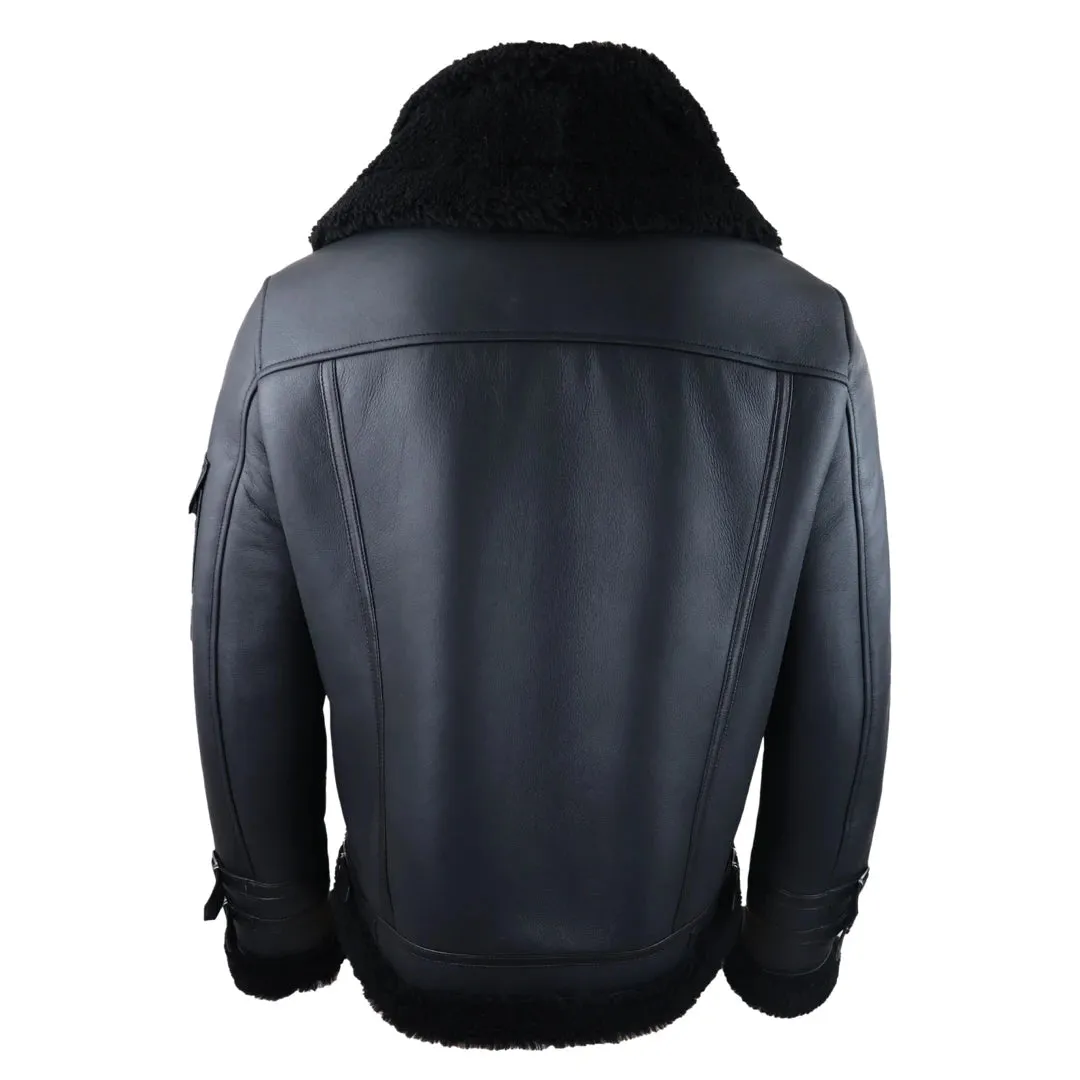 Mens Shearling Sheepskin Coat Zipped Flying Jacket Black Winter Warm Fur