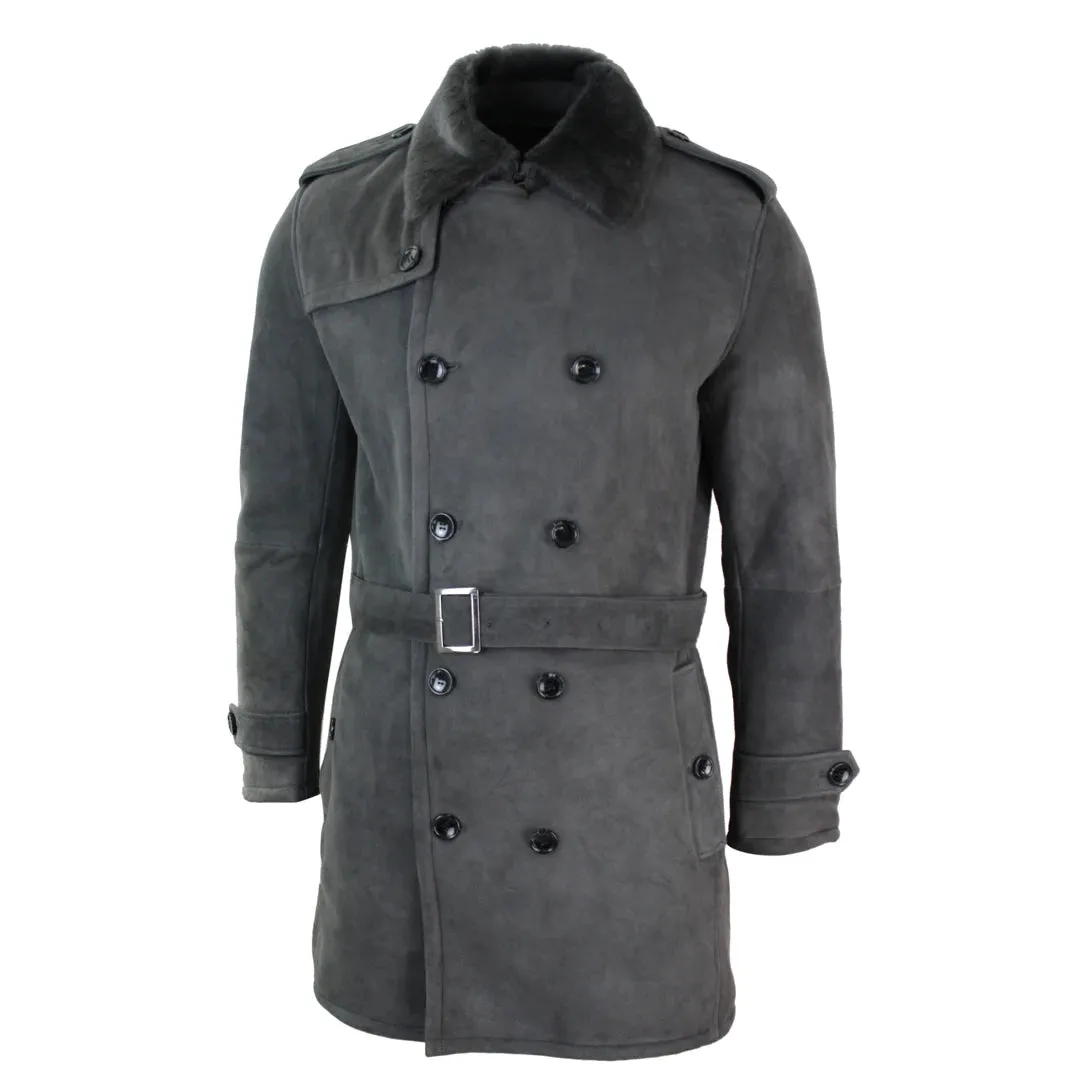 Men's Sherling Sheepskin Double Breasted Belted Crombi 3/4 Overcoat