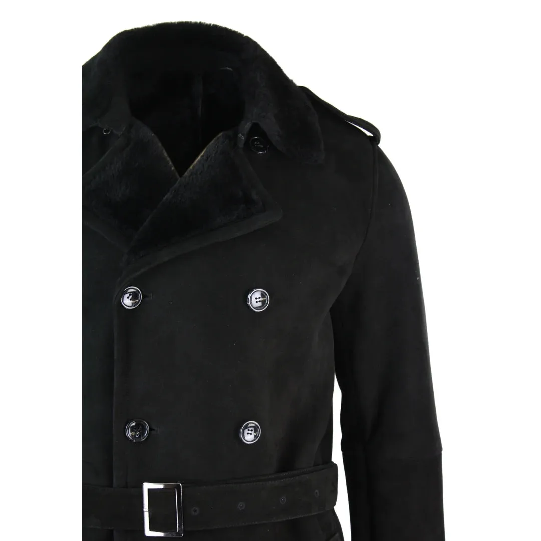 Men's Sherling Sheepskin Double Breasted Belted Crombi 3/4 Overcoat