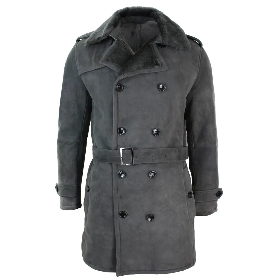 Men's Sherling Sheepskin Double Breasted Belted Crombi 3/4 Overcoat