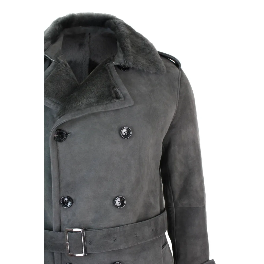 Men's Sherling Sheepskin Double Breasted Belted Crombi 3/4 Overcoat