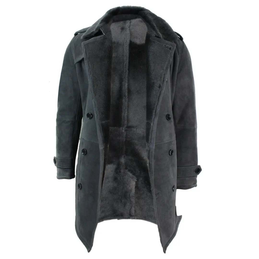 Men's Sherling Sheepskin Double Breasted Belted Crombi 3/4 Overcoat