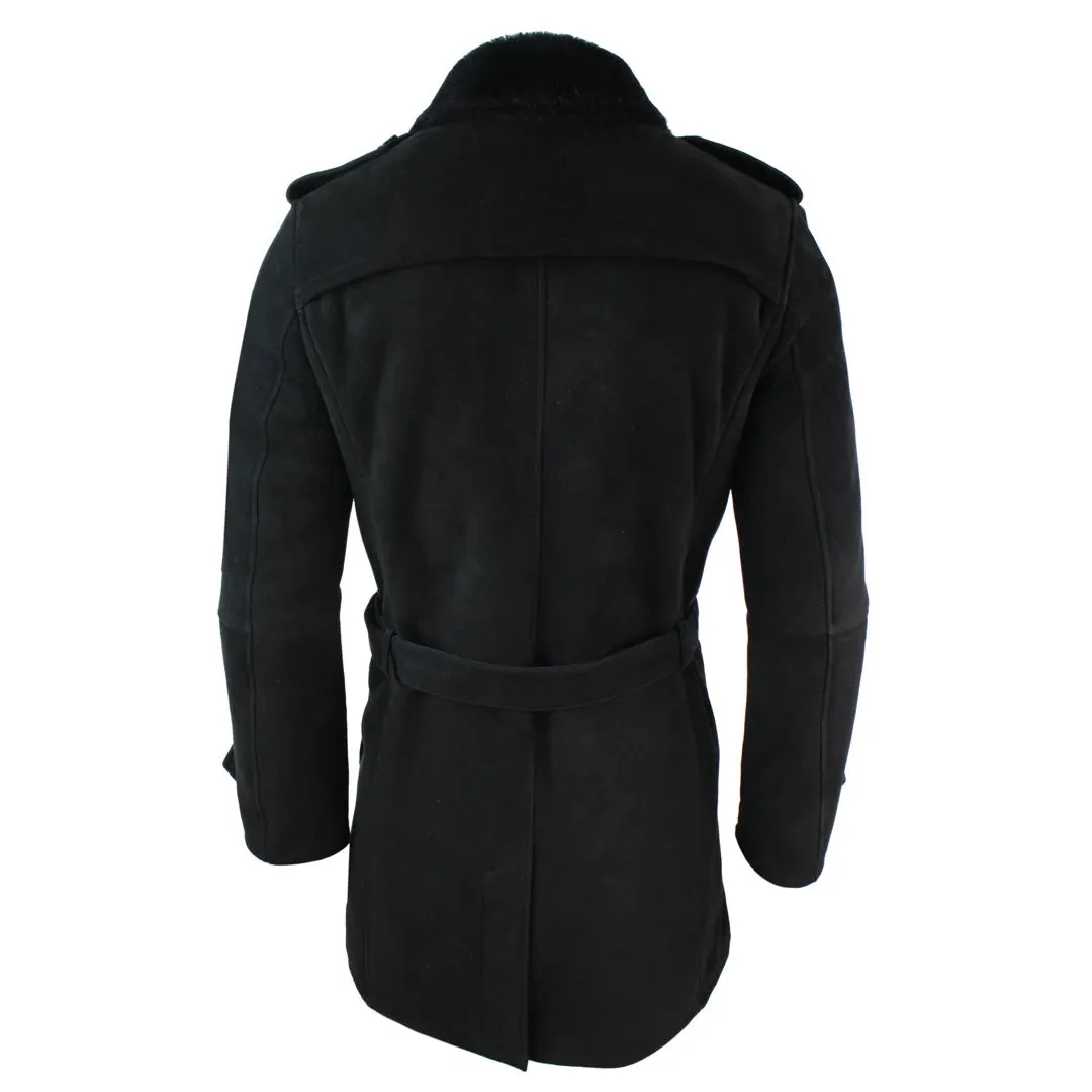 Men's Sherling Sheepskin Double Breasted Belted Crombi 3/4 Overcoat