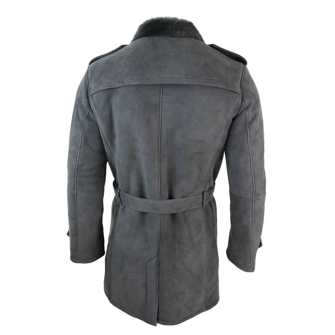 Men's Sherling Sheepskin Double Breasted Belted Crombi 3/4 Overcoat