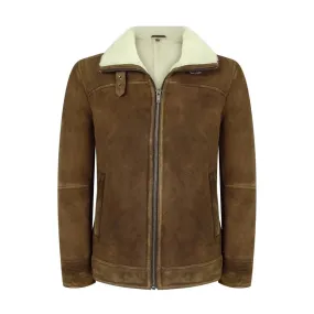 Men's Sherling Sheepskin Suede Jacket Brown Tan Zip Flying Pilot WW2