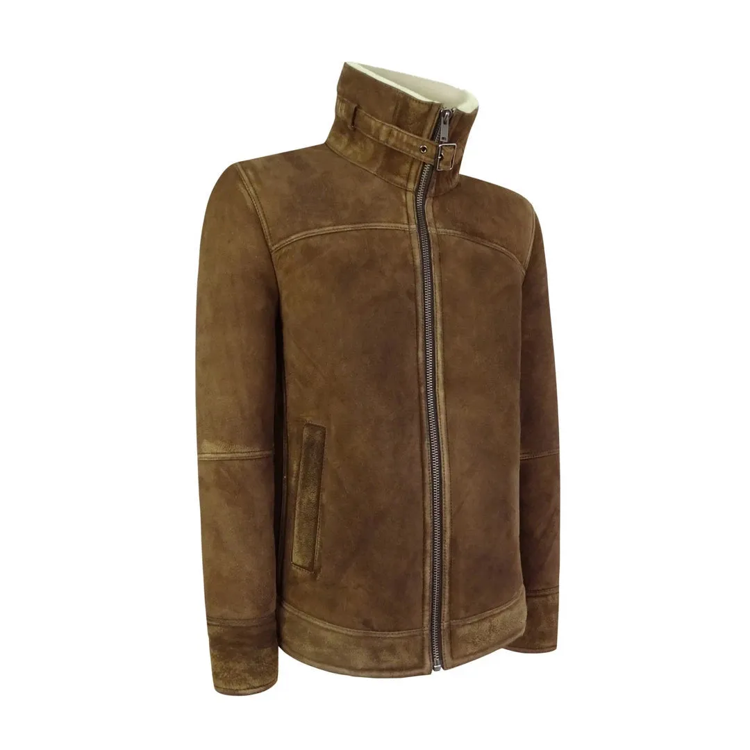 Men's Sherling Sheepskin Suede Jacket Brown Tan Zip Flying Pilot WW2