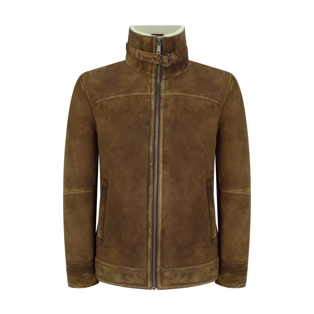 Men's Sherling Sheepskin Suede Jacket Brown Tan Zip Flying Pilot WW2