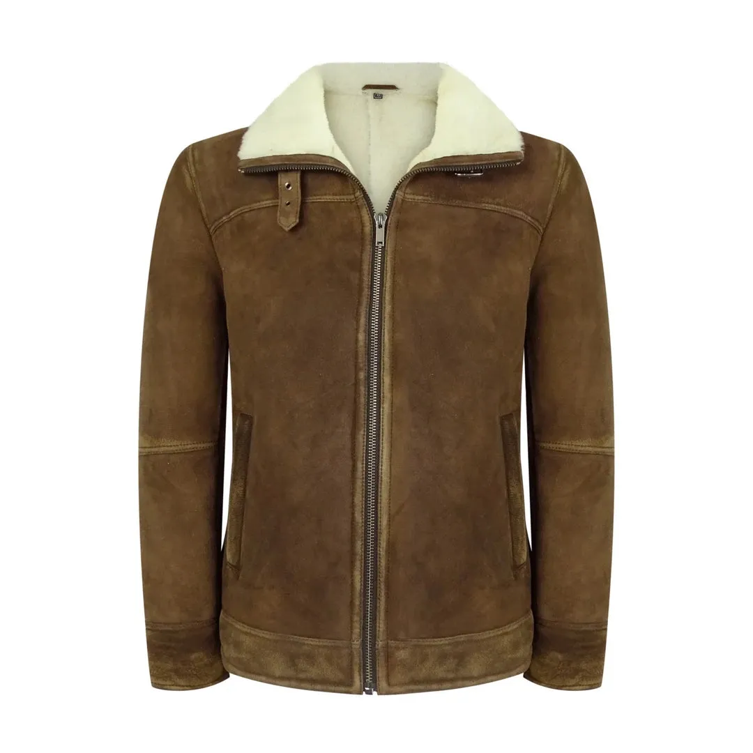 Men's Sherling Sheepskin Suede Jacket Brown Tan Zip Flying Pilot WW2