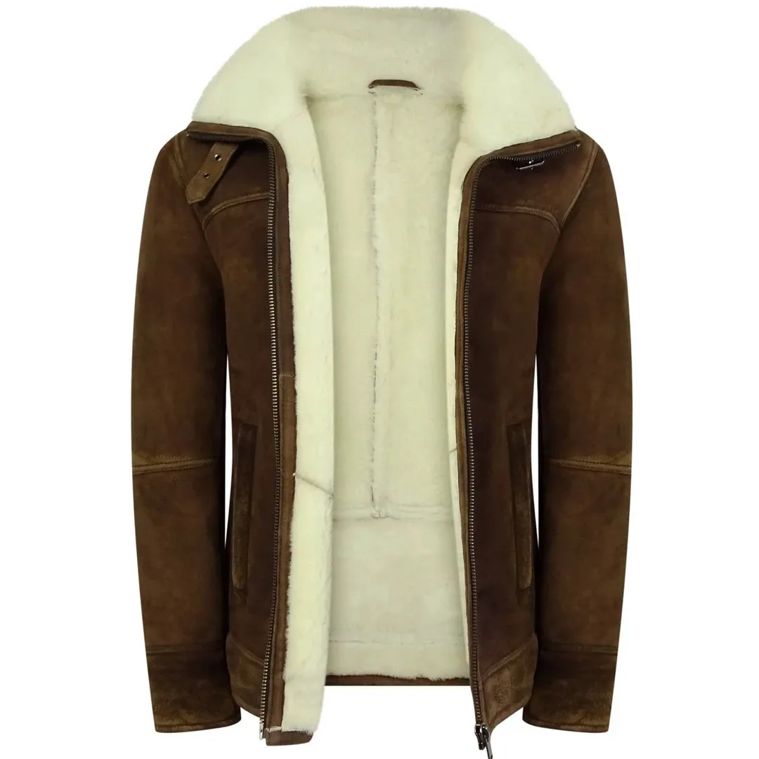 Men's Sherling Sheepskin Suede Jacket Brown Tan Zip Flying Pilot WW2