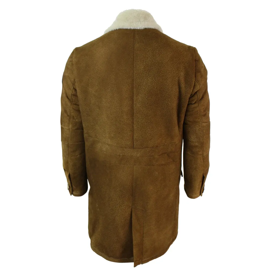 Men's Sherling Sheepskin Tan Brown Crombi 3/4 Overcoat Winter Warm