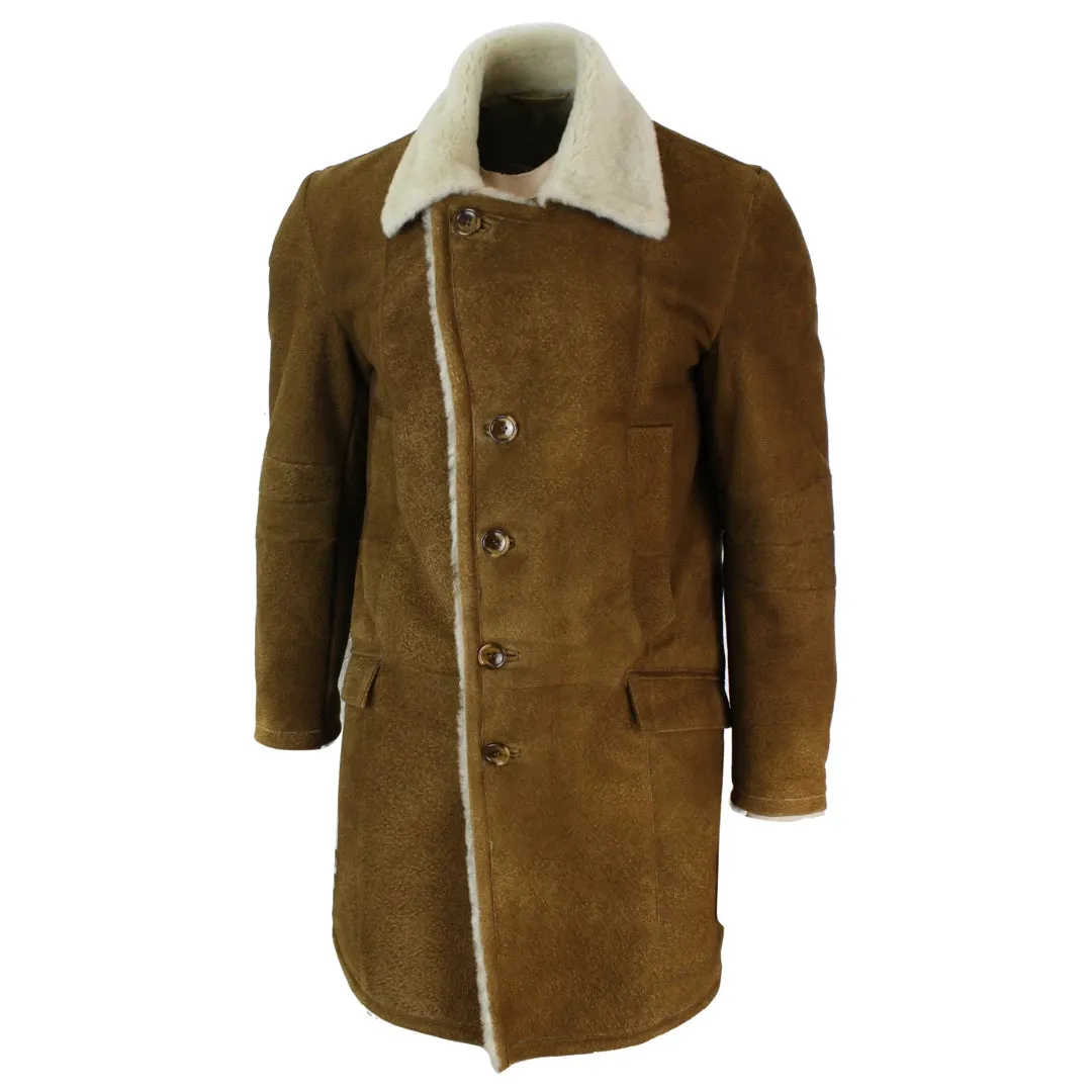 Men's Sherling Sheepskin Tan Brown Crombi 3/4 Overcoat Winter Warm