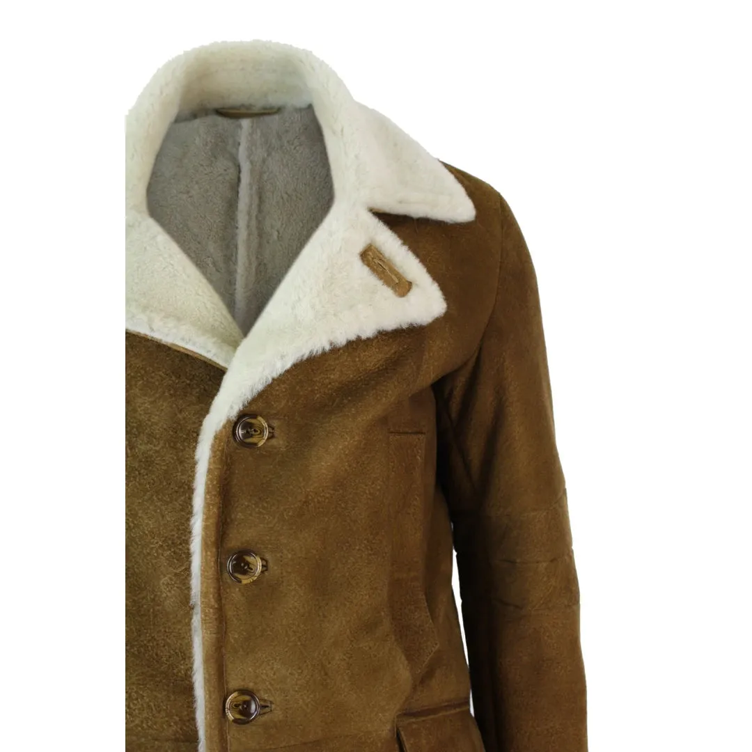 Men's Sherling Sheepskin Tan Brown Crombi 3/4 Overcoat Winter Warm