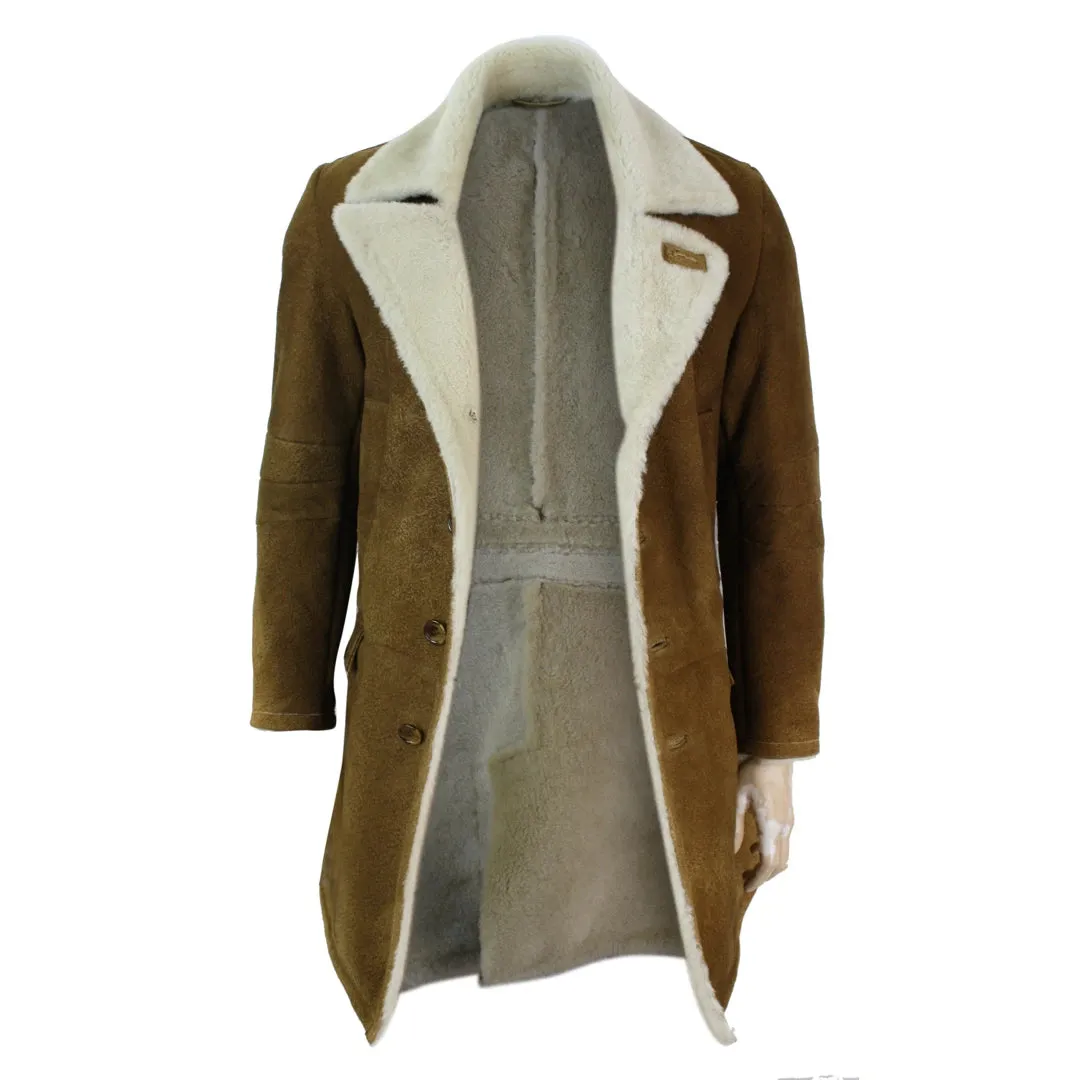 Men's Sherling Sheepskin Tan Brown Crombi 3/4 Overcoat Winter Warm