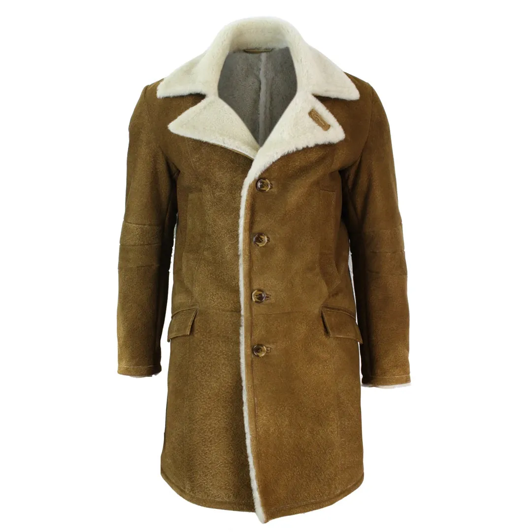 Men's Sherling Sheepskin Tan Brown Crombi 3/4 Overcoat Winter Warm