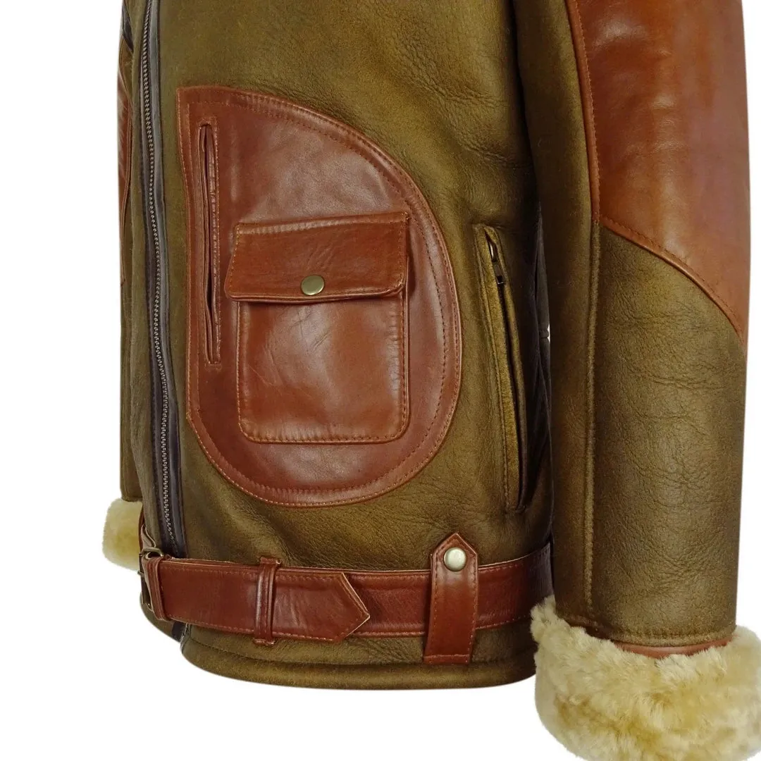 Men's Tan Sheepskin Cross Zip Flying Jacket Pilot Flight Ginger Belt