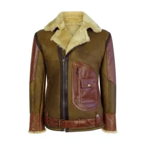 Men's Tan Sheepskin Cross Zip Flying Jacket Pilot Flight Ginger Belt