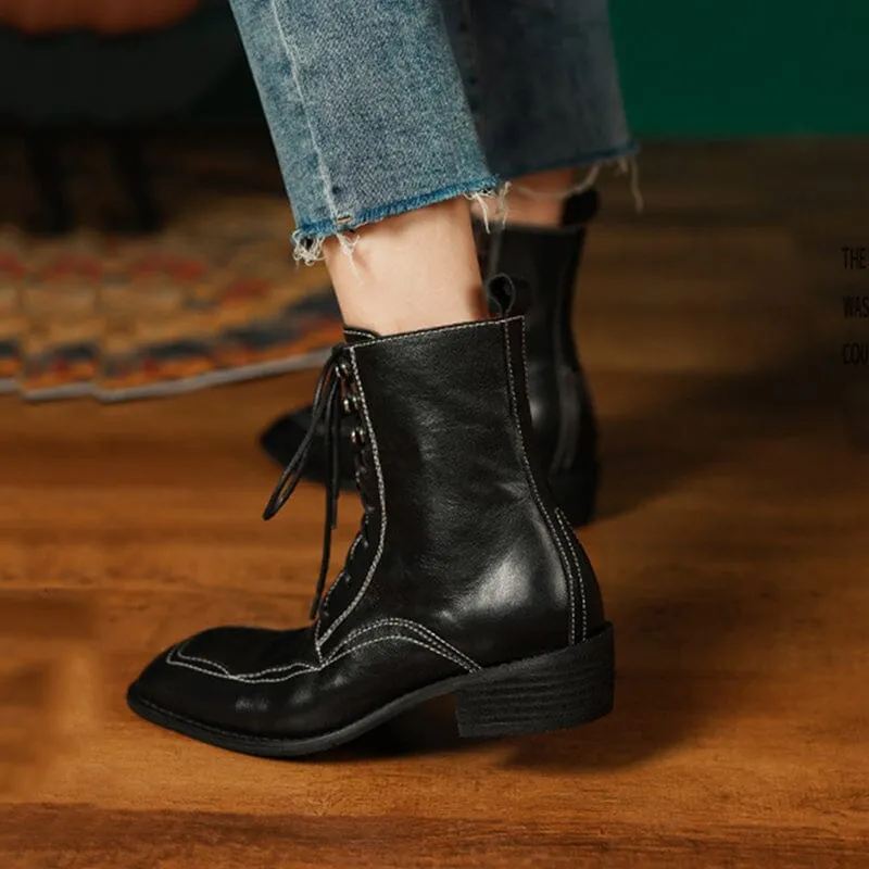 Platform Ankle Boots Leather Chelsea Boots Retro Round Toe Slimming Boots in Black