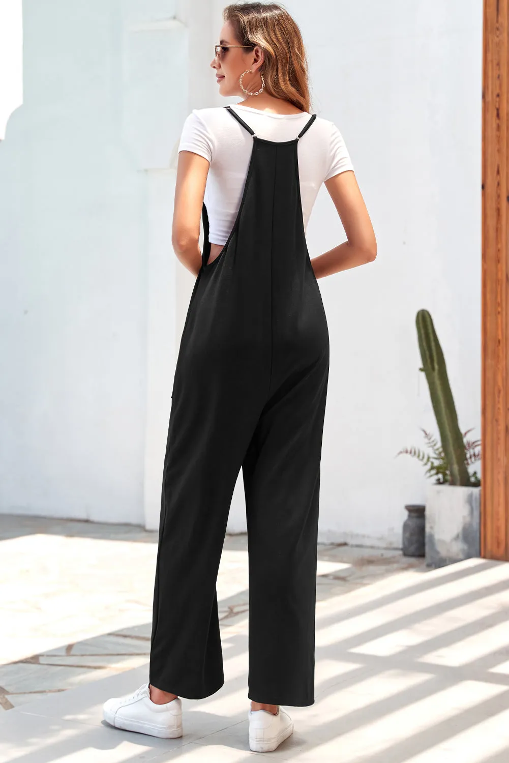 Pocketed Adjustable Spaghetti Strap Straight Leg Jumpsuit