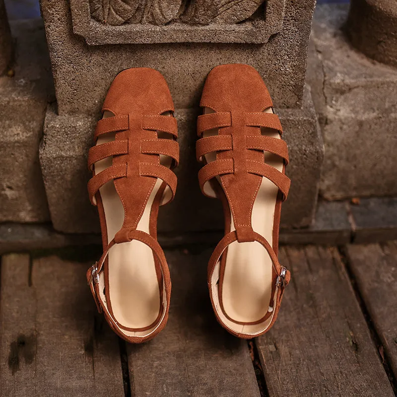 Retro Handmade Soft Leather Fisherman Sandals in Apricot/Beige/Brown