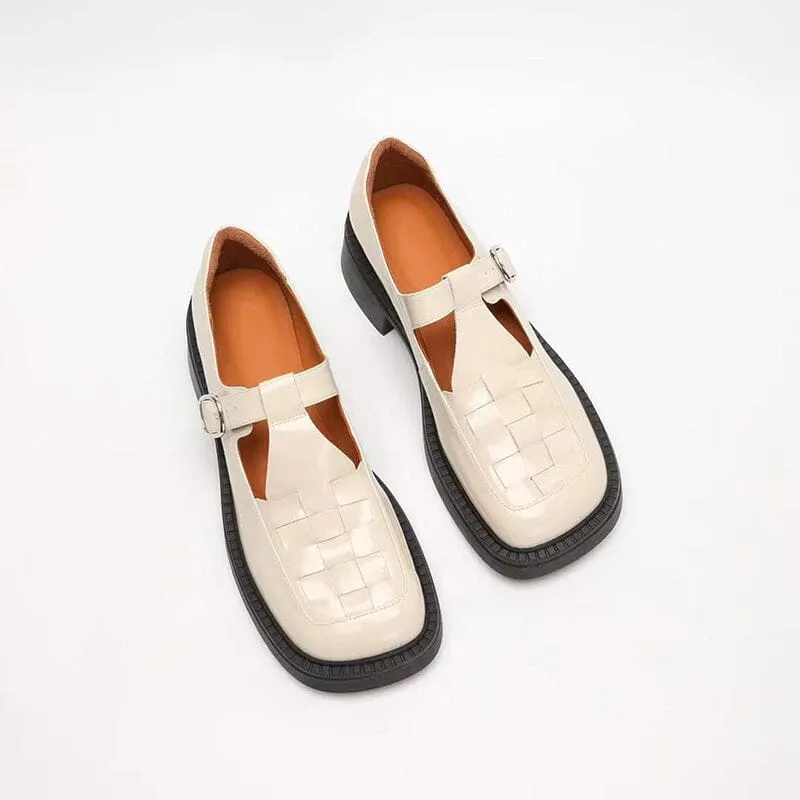 Retro Woven Leather Platform Mary Jane Shoes In White/Black