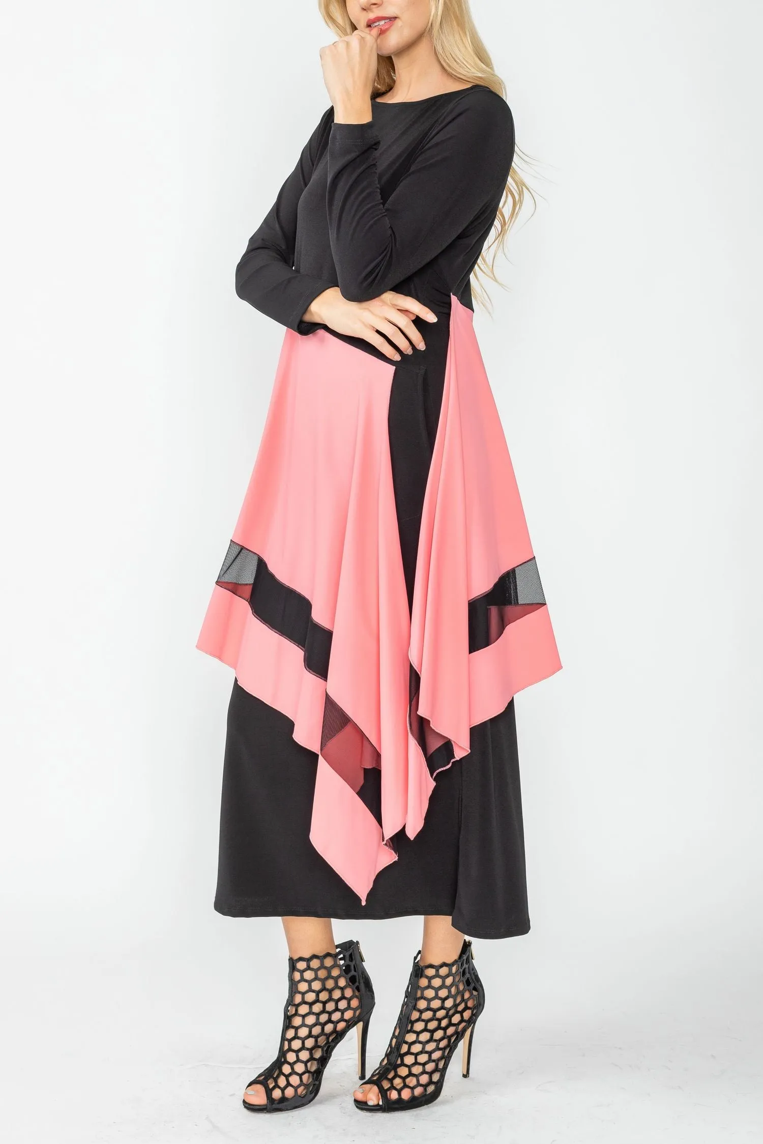 Rose Boat Neck Asymmetrical Layer Mix Dress