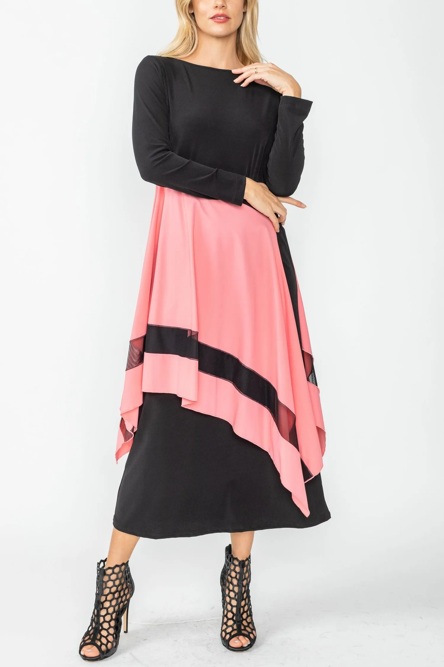 Rose Boat Neck Asymmetrical Layer Mix Dress