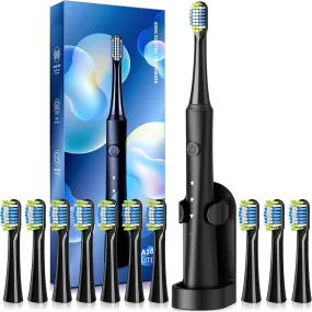 Sonic Electric Toothbrush for Adults with Holder and 10 Brush Heads, Rechargeable Sonic Toothbrush Fast 2 Hr Charge Last 35 Days, 40000 VPM and 3 Modes - Black