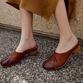 Split Toe Leather Mules Summer Slippers Handmade in Black/Brown