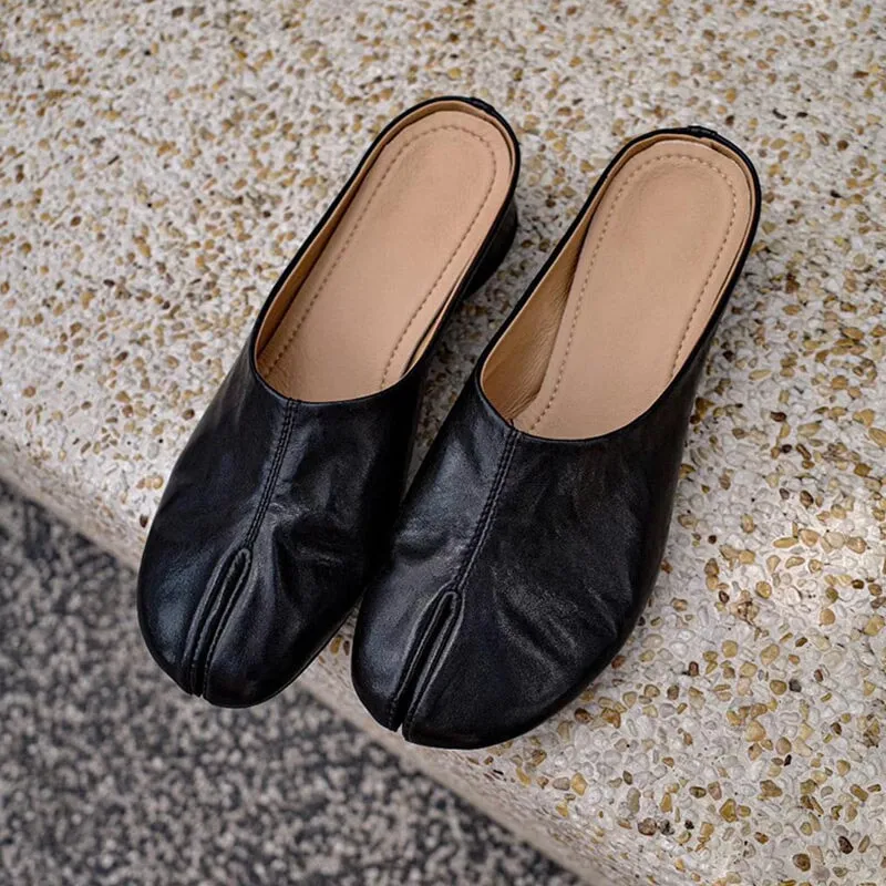 Split Toe Leather Mules Summer Slippers Handmade in Black/Brown