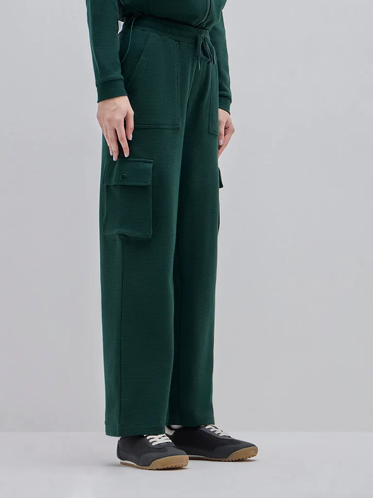 Studiofit Dark Green Textured High-Rise Cotton Track Pants