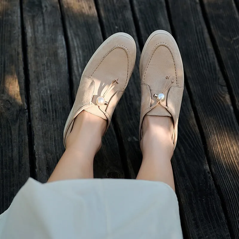 Suede Leather Pearl-Detailed Loafers for Women Round Toe in Brown/Apricot