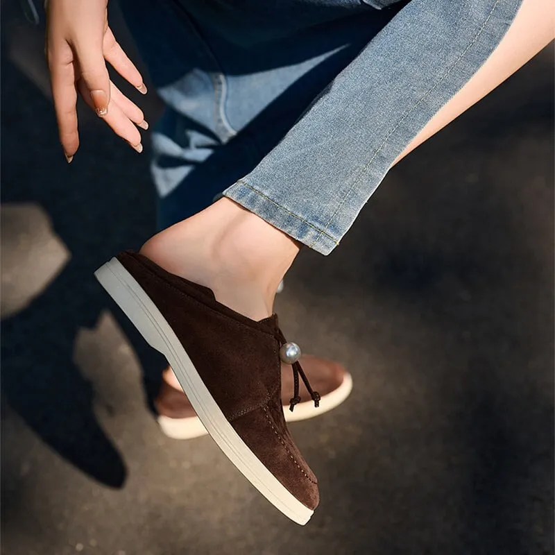 Suede Leather Pearl-Detailed Loafers for Women Round Toe in Brown/Apricot