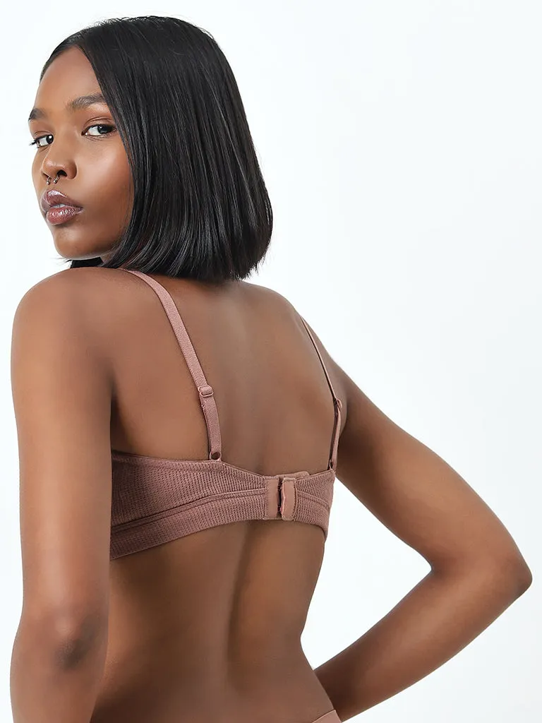 Superstar Brown Waffle-Textured Padded Cotton Bra