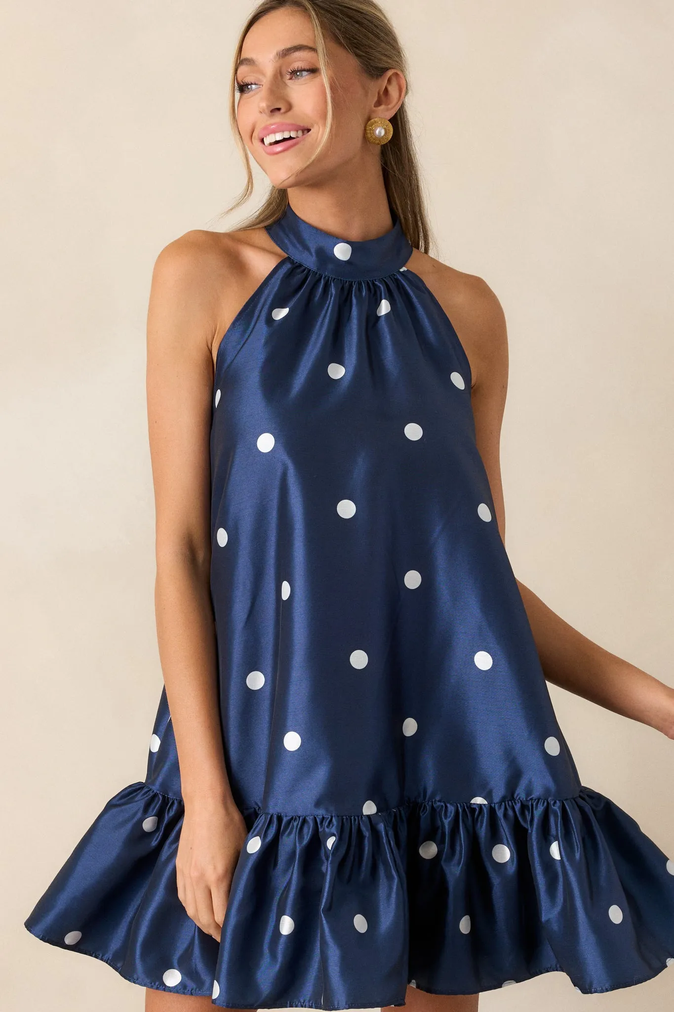 Sweet Soirée Navy Halter Polka Dot Mini Dress