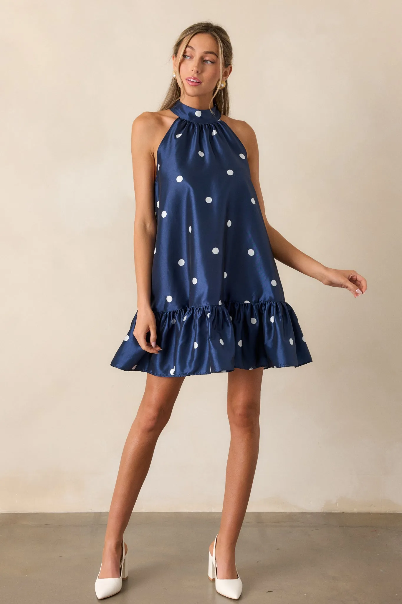 Sweet Soirée Navy Halter Polka Dot Mini Dress