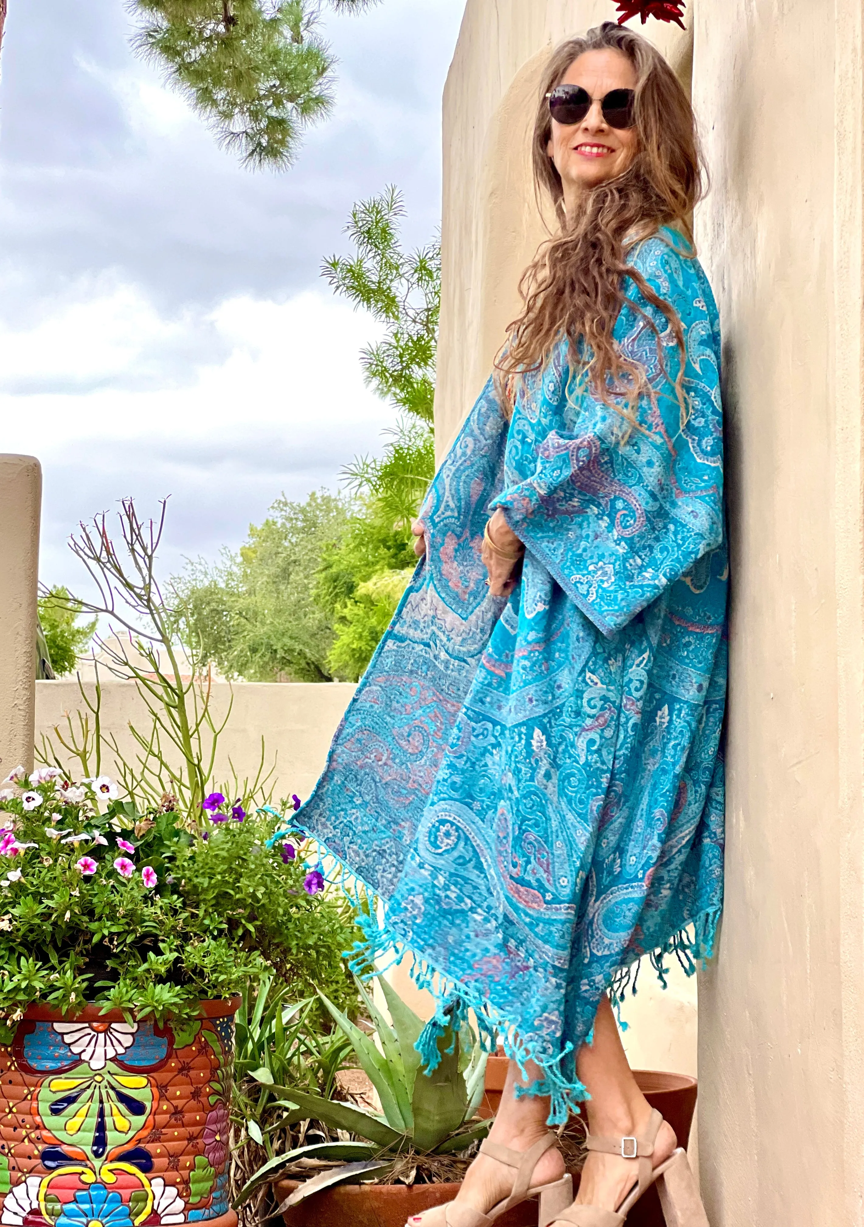 Tempting Turquoise Paisley Kimono Coat Reversible