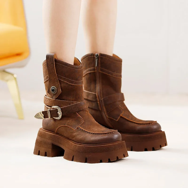 Women Leather Platform Combat Boots with Belt Round Toe in Coffee