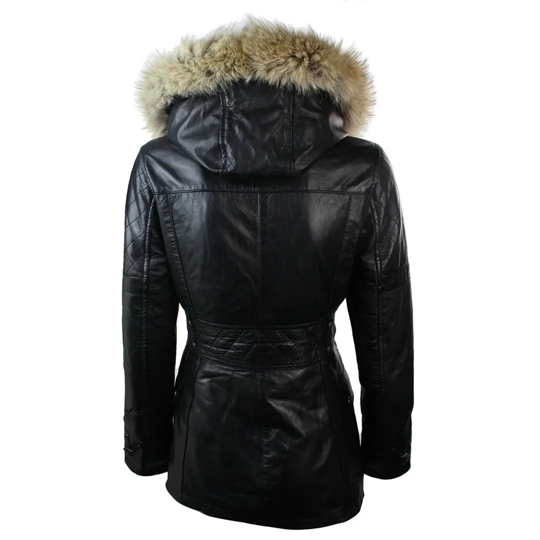 Women's Leather Trench Mid Length Hooded Raccoon Fur Winter Jacket